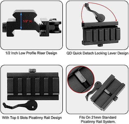 LONSEL Picatinny Riser Mount, Low Profile Rail Riser Mounts Adaptor with QD Lever Lock Quick Release & 5 Slots Picatinny Rails for Scope Rings Optics Sights, 1/2" H x 2.5''L