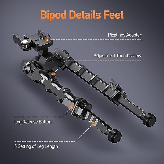 6' - 9'' Picatinny Bipod,5 Adjustable Height for Hunting