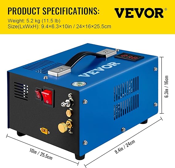 VEVOR PCP Air Compressor, 4500PSI Portable PCP Compressor, 12V DC/110V AC PCP Airgun Compressor Manual-stop, w/External Power Adapter, Built-in Fan